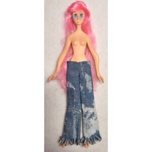 Vtg 1969 Ideal Flatsy Cory Doll Pink Hair Rooted Lashes Original Jeans TLC